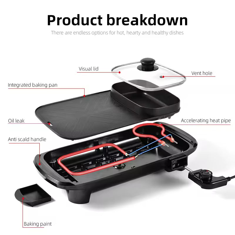 Multifunctional Electric BBQ Grill Pan & Hot Pot – Non-Stick Kebab Pan detail